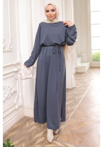 Füme Bisiklet Yaka Bel Kuşaklı Elbise