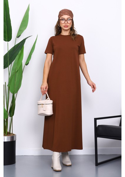 Kahverengi Kısa Kol Tesettür İçlik Elbise