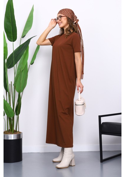 Kahverengi Kısa Kol Tesettür İçlik Elbise modelleri