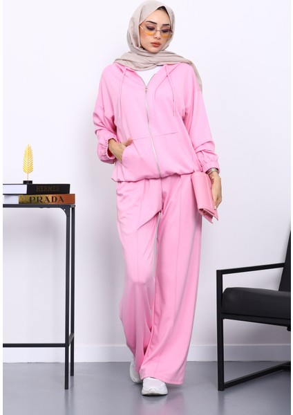 Pembe Kapşonlu Fermuarlı Kanguru Cepli Modal Takım