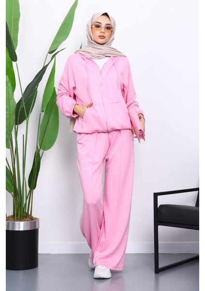 Pembe Kapşonlu Fermuarlı Kanguru Cepli Modal Takım indirimleri