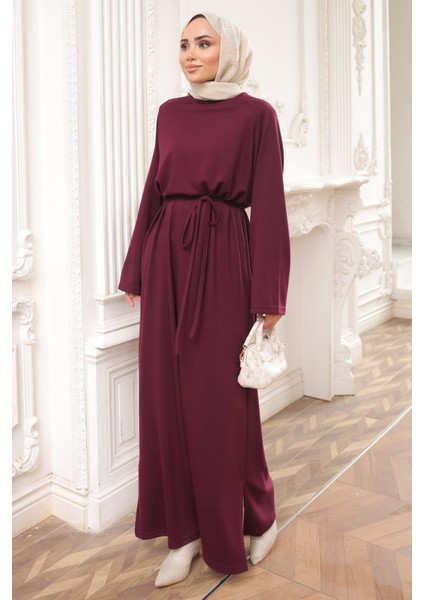 Mürdüm Bisiklet Yaka Bel Kuşaklı Elbise