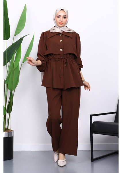 Kahverengi Double Krep Tunik Pantolonlu Takım