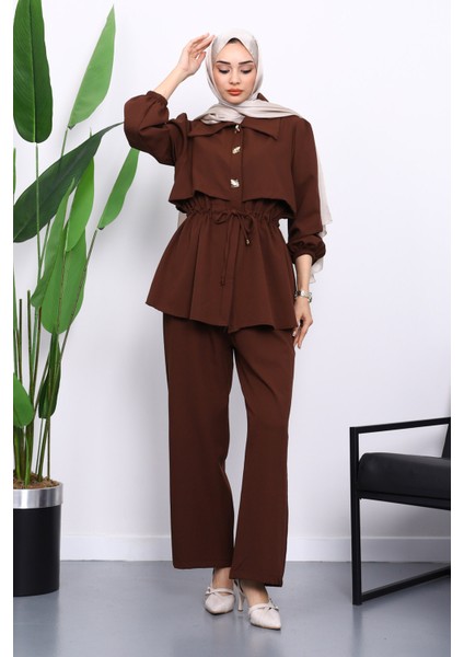 Kahverengi Double Krep Tunik Pantolonlu Takım fiyatları