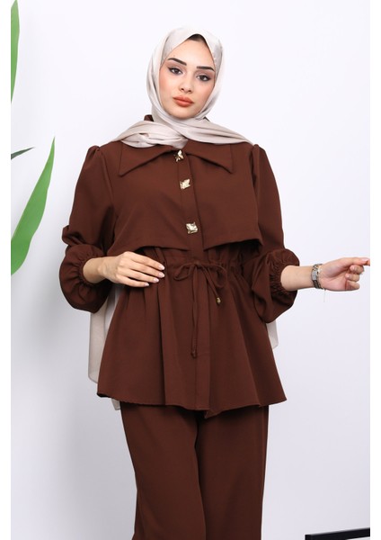 Kahverengi Double Krep Tunik Pantolonlu Takım modelleri