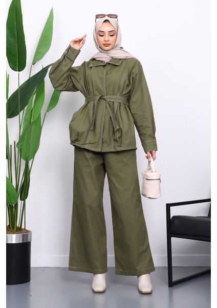 Haki Çıtçıtlı Ceket Pantolonlu Gabardin Takım