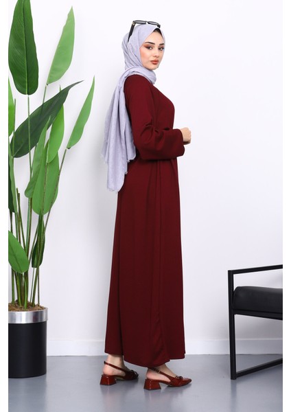 Bordo Kolu Armalı Reglan Kol Basic Modal Kuşaklı Elbise fırsatları