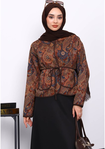 Kahverengi Etnik Desenli Cepli Ceket