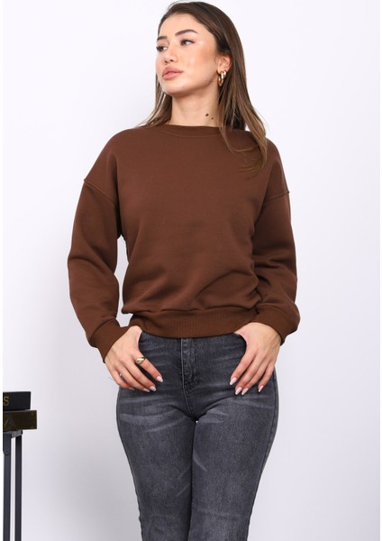 Kahverengi Bisiklet Yaka Üç İplik Sweat modelleri
