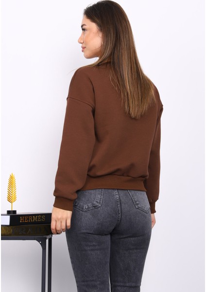 Kahverengi Bisiklet Yaka Üç İplik Sweat fırsatları