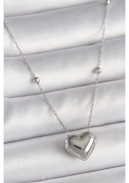 Bfs 316L Çelik Gümüş Renk Topçuk Detay Zincir Kalp Model Kadın Kolye
