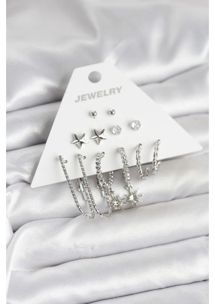 Pirinç Gümüş Renk Küpe Seti 6'lı