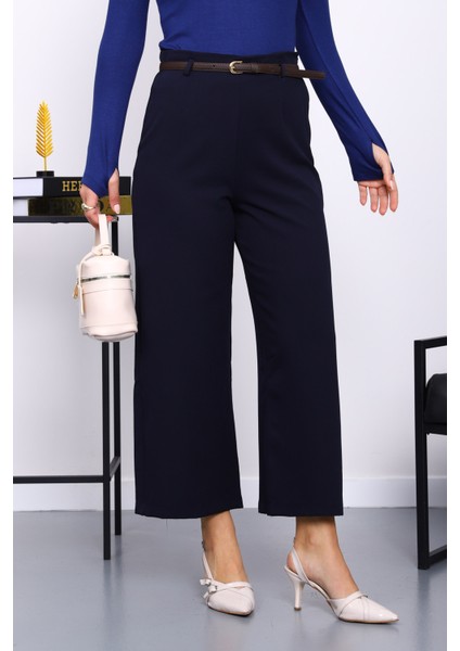 Lacivert Kemerli Yan Fermuarlı Pantolon