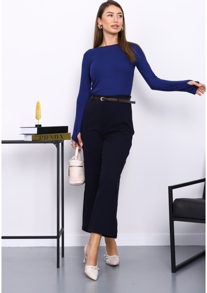 Lacivert Kemerli Yan Fermuarlı Pantolon fiyatları