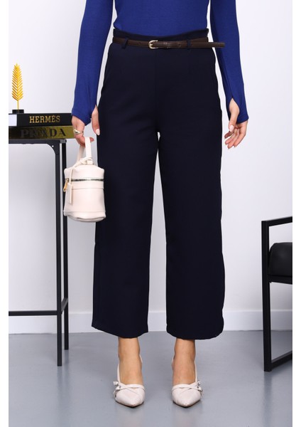 Lacivert Kemerli Yan Fermuarlı Pantolon modelleri