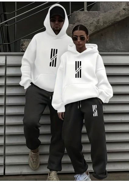 Büyük Beden Özel Tasarım Kapüşonlu Milano Baskılı Kışlık Sevgili Kombini Eşofman Takımı