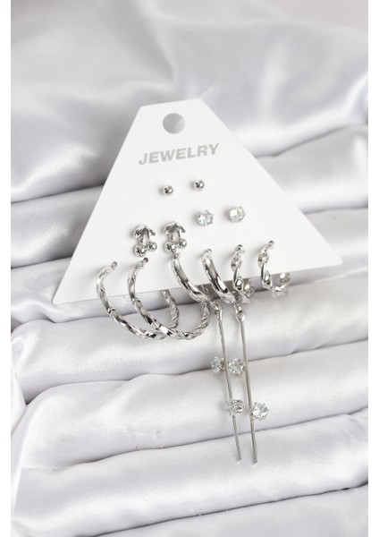 Gümüş Renk Pirinç 6'lı Kadın Küpe Seti