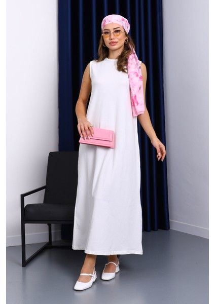 Ekru Sıfır Kol Penye Tesettür İçlik Elbise