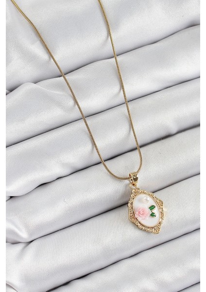 Bfs 316L Çelik Zincir Beyaz Sanatsal Portre Inci Detaylı Gül Figürlü Model Gold Renk Kadın Ko fiyatları