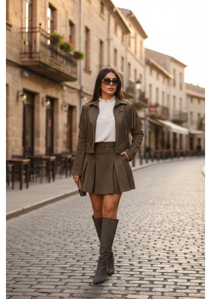 Kadın Western Süet Püsküllü Haki Ceket