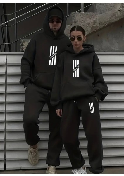Büyük Beden Özel Tasarım Kapüşonlu Milano Baskılı Kışlık Sevgili Kombini Eşofman Takımı