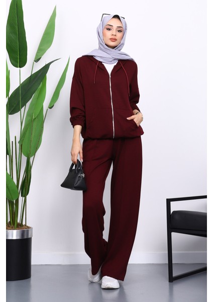 Mürdüm Kapşonlu Fermuarlı Kanguru Cepli Modal Takım