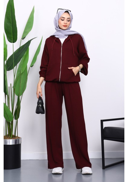 Mürdüm Kapşonlu Fermuarlı Kanguru Cepli Modal Takım fiyatları