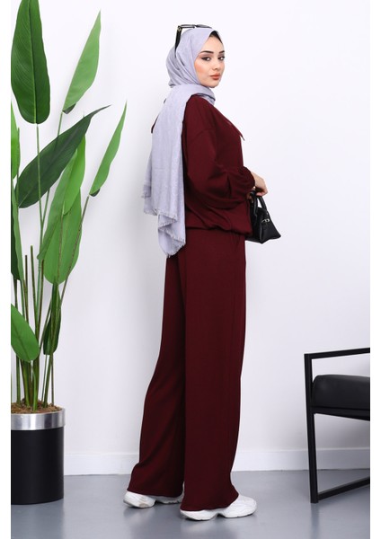 Mürdüm Kapşonlu Fermuarlı Kanguru Cepli Modal Takım modelleri