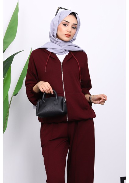 Mürdüm Kapşonlu Fermuarlı Kanguru Cepli Modal Takım fırsatları