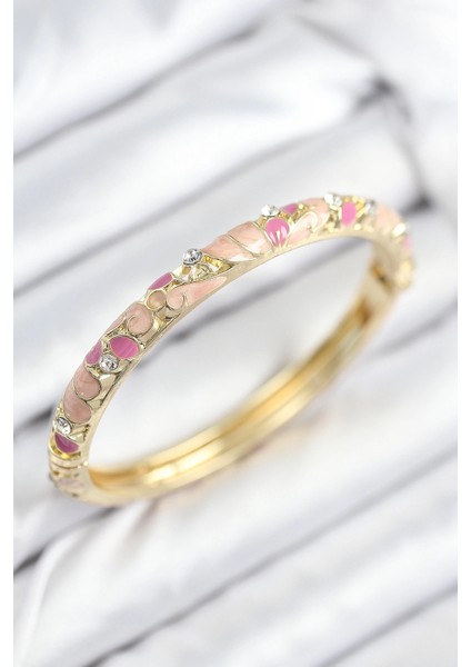 Bfs Mineli Pirinç Zirkon Taşlı Pembe Çiçek Motifli Gold Kadın Kelepçe