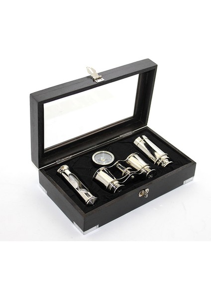 Pusula Kutusu Ahşapkum Saati ve Pirinç Dürbün Seti