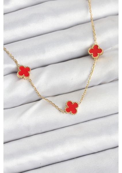 Bfs 316L Çelik Zincir Gold Renk Kırmızı Baby Boy Yonca Kadın Kolye