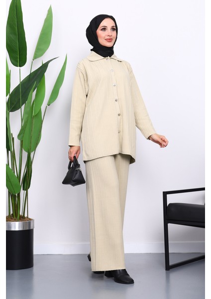 Bej Gömlek Yaka Düğmeli Pantolonlu Triko Takım fiyatları