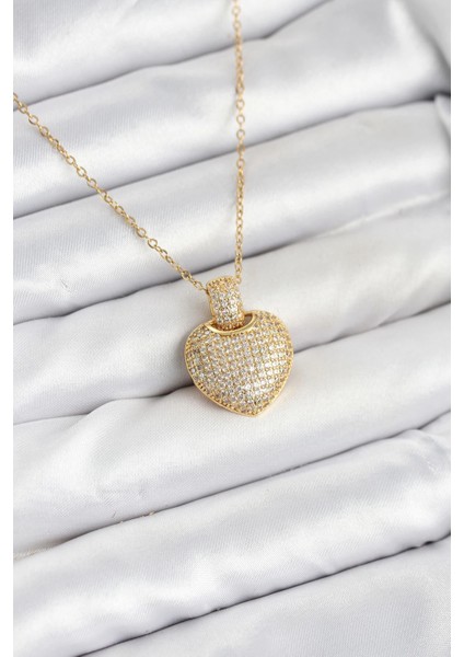 316L Çelik Zincir Gold Renk Zirkon Taşlı Kalpli Kadın Kolye