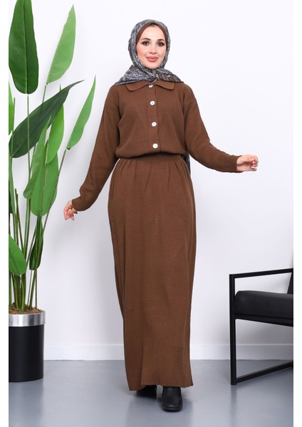 Kahverengi Gömlek Yaka Düğmeli Triko Etekli Takım fiyatları