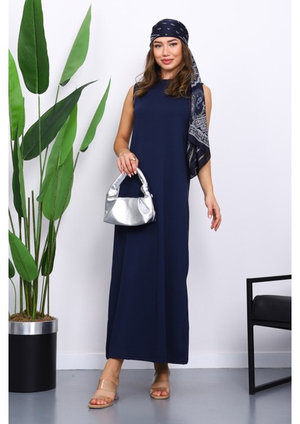 Lacivert Sıfır Kol Penye Tesettür İçlik Elbise