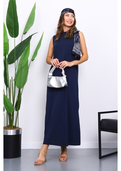 Lacivert Sıfır Kol Penye Tesettür İçlik Elbise fiyatları