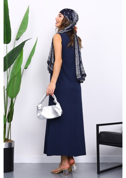 Lacivert Sıfır Kol Penye Tesettür İçlik Elbise modelleri