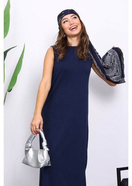 Lacivert Sıfır Kol Penye Tesettür İçlik Elbise fırsatları