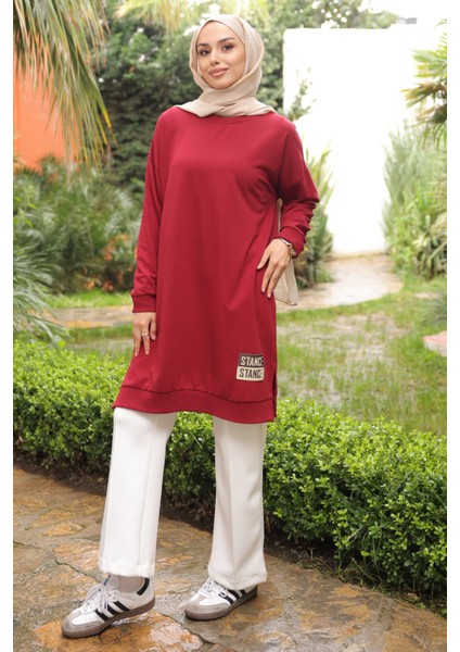 Bordo Bisiklet Yaka Armalı Tunik