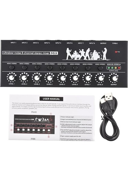 Kanal Ses Mikseri Mono/stereo Anahtarlama Ses Mikseri Seviye Göstergesi Işığı ile 6.35MM Trs/ts Giriş Metal Demir Kabuğu Tip-C Ses Işlemci Karıştırıcı Gitar Bas Için Bağımsız