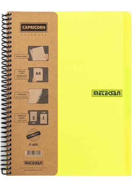 Capricorn Neon Serisi, A4, 7 Konulu (5 Kareli, 2 Çizgili) 210 Yaprak Pp Kapaklı Spiralli Defter, Sarı