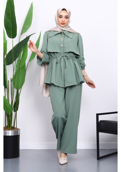 Yeşil Double Krep Tunik Pantolonlu Takım