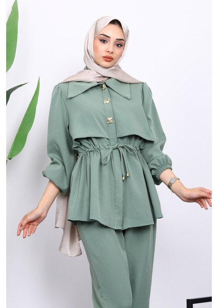 Yeşil Double Krep Tunik Pantolonlu Takım modelleri