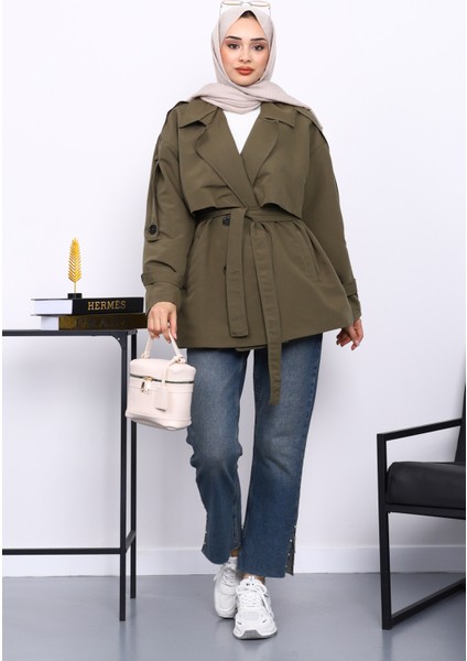 Haki Kravuze Yaka Düğmeli Kısa Trençkot