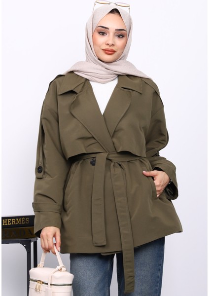 Haki Kravuze Yaka Düğmeli Kısa Trençkot fiyatları