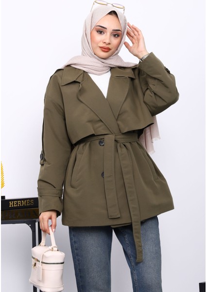 Haki Kravuze Yaka Düğmeli Kısa Trençkot modelleri