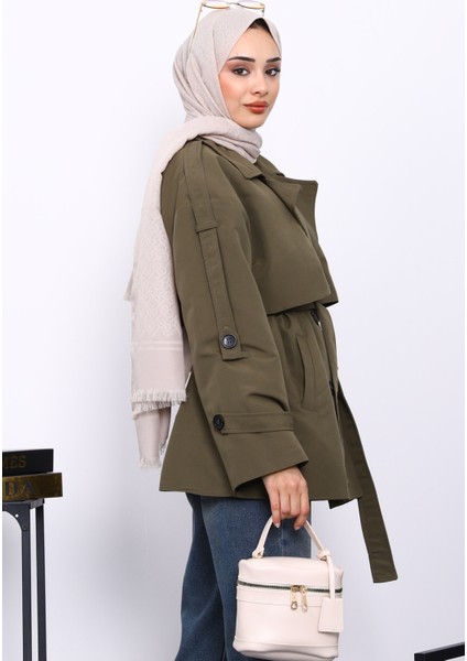 Haki Kravuze Yaka Düğmeli Kısa Trençkot fırsatları