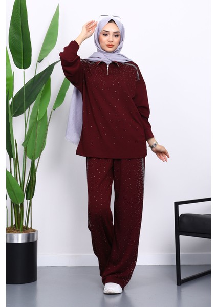 Mürdüm Taşlı Yaka Fermuarlı Tunik Pantolonlu Takım
