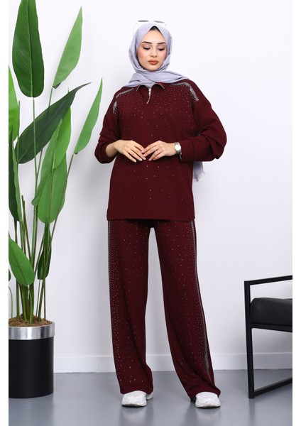 Mürdüm Taşlı Yaka Fermuarlı Tunik Pantolonlu Takım fiyatları